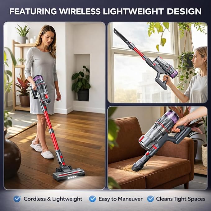 Cordless Vacuum Cleaner Self-Standing Stick Vacuum with Smart LED Display Powerful Suction Rechargeable Vacuum for Pet Hair &amp Hardwood Floors Lightweight Battery Powered Vacuum for Home &amp D