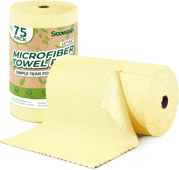 Microfiber Cleaning Cloths Roll 75 Pack Tear Away Microfiber Towels Roll 12 x 12 Lint Free Rags Reusable Cleaning Cloths Washable Scratch FreeUltra Absorbent Dish Rags(Yellow)