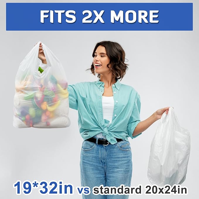 100 Pack 32 x 19 x 6 Extra Large White Plastic Shopping Bags(0.8 Mil Thick) Reusable Heavy Duty Large T-shirt Grocery Bags Bulk with Handles for Restaurant Retail Business