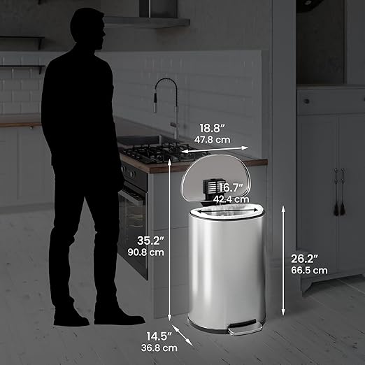 iTouchless 50 Liter Fingerprint Proof Pedal Garbage Bin Space-Saving Design for Kitchen Office Home SoftStep 13.2 Gallon Step Trash Can with Odor Control System Brushed Stainless Steel Semi-Round