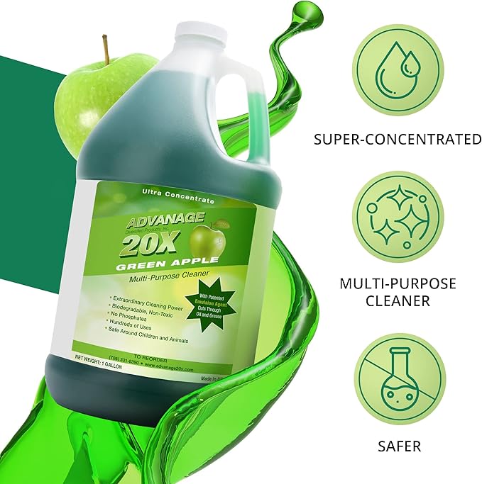 All Purpose Cleaner Concentrate - Advanage 20X The Wonder Cleaner Green Apple for All Surfaces Around Bathroom Kitchen Oil and Grease Multi Purpose Cleaner for Household Cleaning Solution 128 FlOz