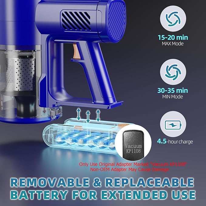 Cordless Vacuum Cleaner 180° Bendable Wand Stick Vacuum Cleaners with LED Touch Screen 8-in-1 Lightweight Rechargeable Vacuum with 1.5L Dust Cup for Home Hard Floor Low-Pile Carpet