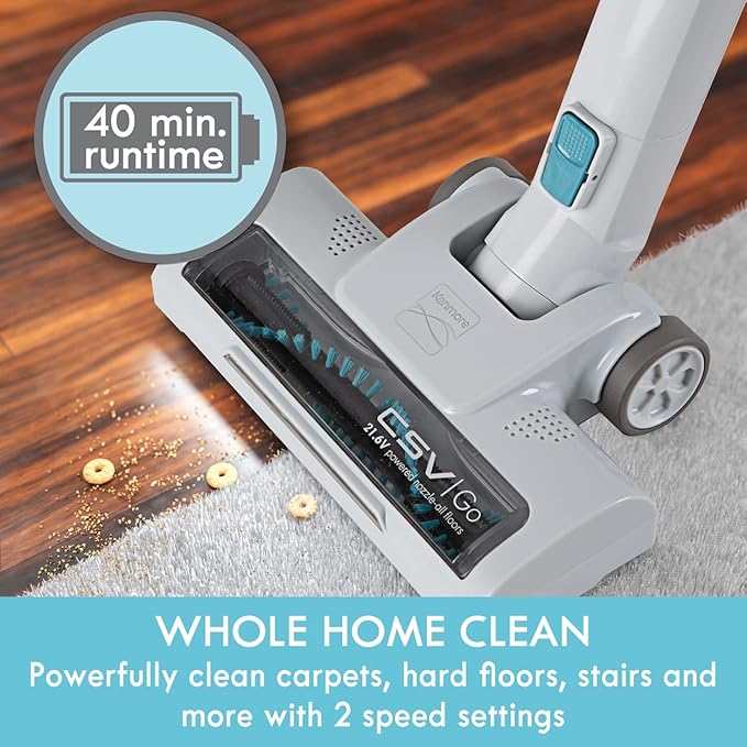 Kenmore DS4065 Cordless Stick Vacuum 1L Capacity Lightweight Cleaner 2-Speed Power Suction LED Headlight 2-in-1 Handheld for Hardwood Floor Carpet &amp Dog Hair Blue DS4065