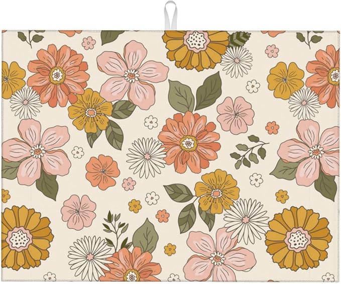 Absorbent Dish Drying Mat For Kitchen Counter Pink Flowers Microfiber Dish Drying Pad Kitchen Gadgets For Easy Clean Multi-Use