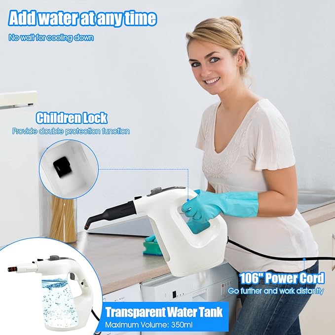 COSTWAY Handheld MultiPurpose Steam Cleaner with 17 Pieces 350ml Large Capacity Steam Mop Continuous Fill water Portable Chemical-Free Steamer for Home Use Floors Windows 1400W Grey