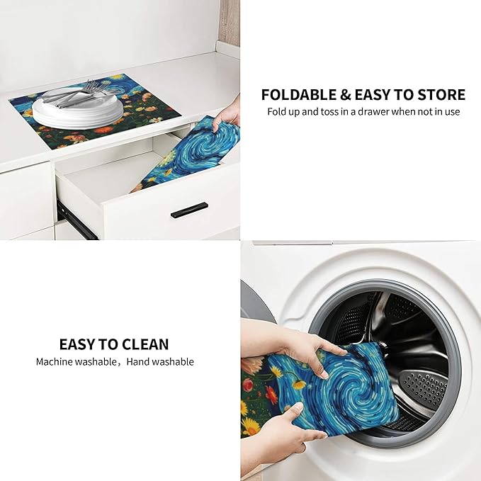 Starry Night Flowers Dish Drying Mat for Kitchen Counter 16x18 Microfiber Absorbent Fast Dry Mat 2Pcs Dish Mat Faucet Mats Sets Large Drying Kitchen Mat Kitchen Drying Pad
