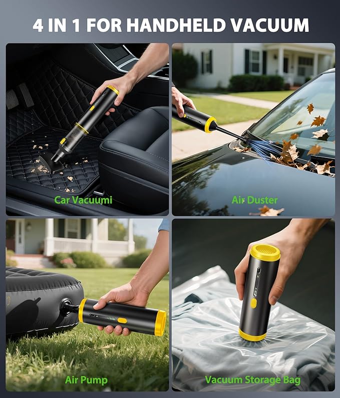 Car Vacuum Portable Cordless Handheld Vacuum Cleaner 4-in-1 Mini Cordless Vacuum with 2 Suction Modes and 16800pa Suction Power Blowing &amp Inflating 2 Modes Handheld Vacuum for Car Desk Keyboards