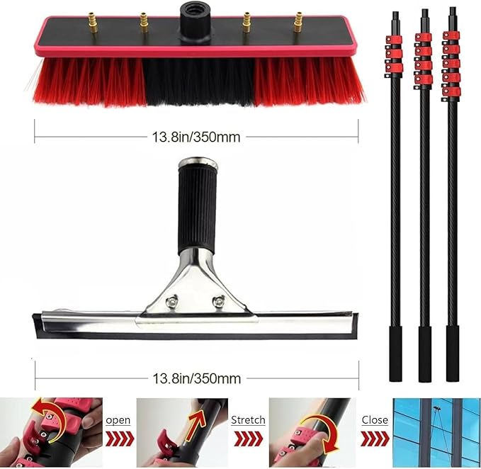 Extendable Telescopic Window Cleaning Brush 3-18M Water Fed Pole Aluminium Cleaner for Solar Panels 35Cm Brush for Efficient Cleaning(18FT/5.4M)
