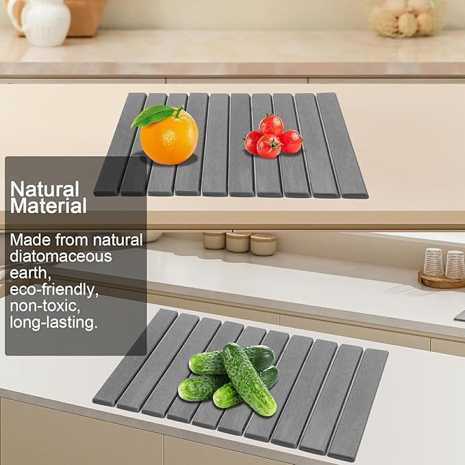 Large Stone Dish Drying Mat for Kitchen Counter with 3 Sanding block and Towel 24×16 Quick Drying Diatomaceous EarthSuper Absorbent Anti Slip MatBirthday Gfts for Women Mom Grandma Dark Gray