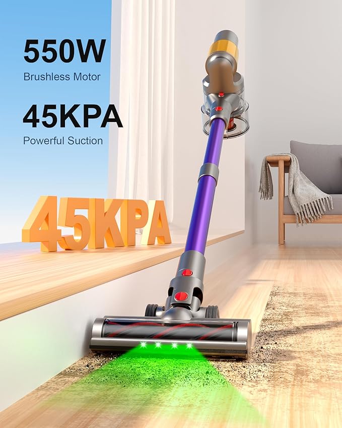 Cordless Vacuum Cleaner 2 Batteries 120 Mins Runtime 600W 50KPA Stick Vacuum with Self-Standing Tangle-Free Brush LED Display Vacuum Cleaner for Home Hardwood Floor Carpet Pet Hair