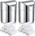 2 Pcs Desk Trash Can with Swing Lids 12 Rolls of Trash Bags 2L Brushed Stainless Steel Countertop Garbage Bin Small Wastebasket with Lid for Office Desk Coffee Table(Silver)
