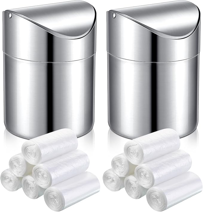 2 Pcs Desk Trash Can with Swing Lids 12 Rolls of Trash Bags 2L Brushed Stainless Steel Countertop Garbage Bin Small Wastebasket with Lid for Office Desk Coffee Table(Silver)