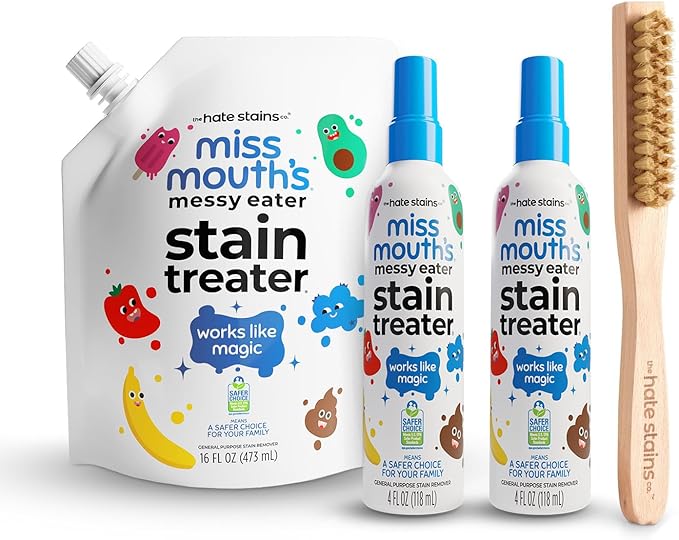 Miss Mouth's Messy Eater Stain Treater Bundle - 4oz 2-Pack 16oz Refill Pouch &amp Laundry Brush - Baby Stain Remover for Clothes &amp Carpet