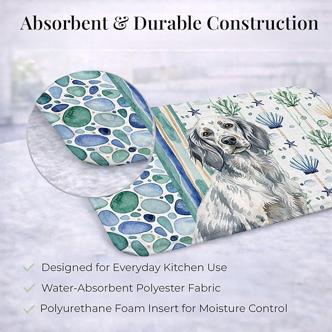 Caroline's Treasures Blue Belton English Setter Coastal Sea Glass Dish Drying Mat Absorbent Dish Drying Mat Pad for Kitchen Counter Dish Drainer Mat for Countertop 14 x 21 Multicolor