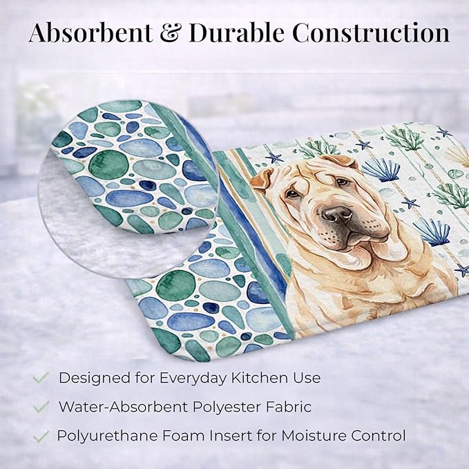 Caroline's Treasures Shar Pei Coastal Sea Glass Dish Drying Mat Absorbent Dish Drying Mat Pad for Kitchen Counter Dish Drainer Mat for Countertop 14 x 21 Multicolor
