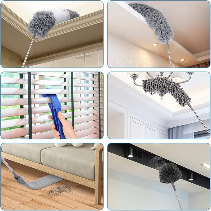 Microfiber Extendable Feather Duster (11pcs) with 100 Extension Pole Washable Reusable Bendable Dusters for Cleaning Ceiling Fan High Ceiling TV Blinds Cars