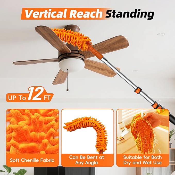 DALTACK 32 Foot High Dusters Kit for Cleaning with 5.6-24 Foot Heavy Duty Extension Pole Extendable Reusable Cobweb Feather Ceiling Fan Cleaner Duster Window Squeegee Kit