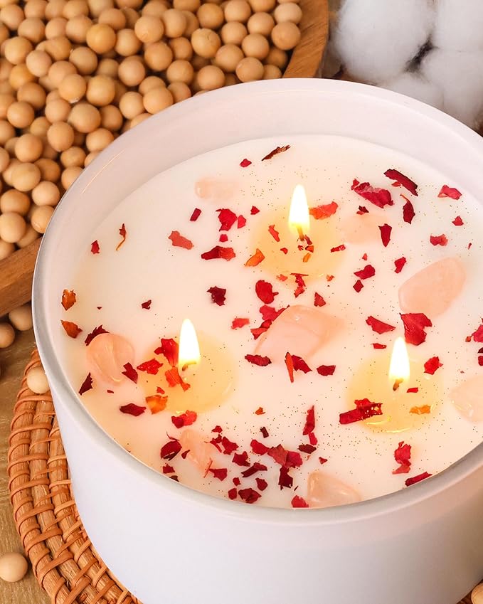 AOOVOO Rose Scented Candles for Women - 20oz 3 Wick Soy Candles for Home Scented Aromatherapy Candle with Crystals Inside Birthday Gifts Valentines Day Candle for Women Mom