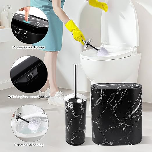 Small Bathroom Trash Can with Lid Press Top 2.8 Gallon Black Slim Plastic Garbage Can with Pop-Up Lid Mini Desktop Trash Can Toilet Brush Holder and 135 Count Various Size Trash Bags