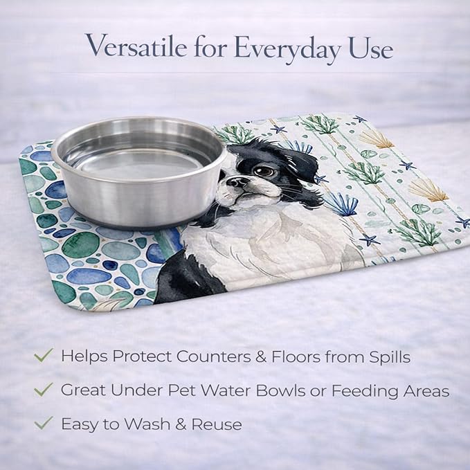 Caroline's Treasures Black and White Japanese Chin Coastal Sea Glass Dish Drying Mat Absorbent Dish Drying Mat Pad for Kitchen Counter Dish Drainer Mat for Countertop 14 x 21 Multicolor