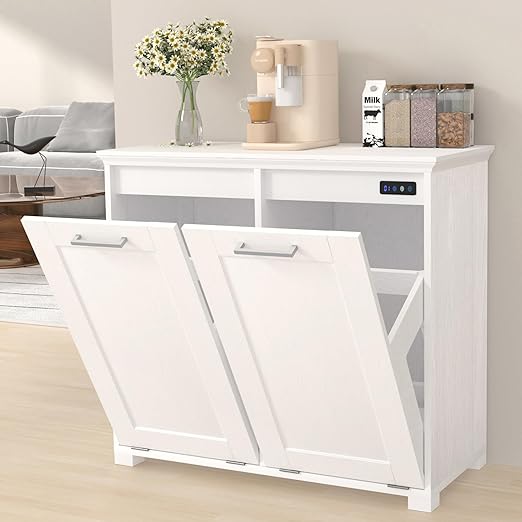 Tilt Out Trash Can Cabinet Wooden Trash Cabinet with Deodorising Function 20 Gallons Freestanding Dog-Proof Garbage Bin Cabinet for Home Laundry Room Kitchen and Living Room White Finish