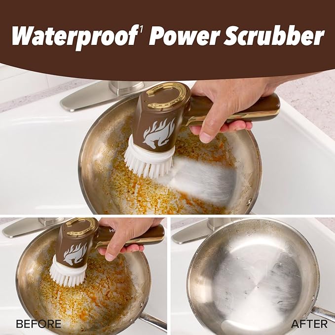 Horsepower Scrubber Gold Edition Longer Battery Life Electric Power Rechargeable Spins 350 RPM Waterproof 5 Brush Heads AS SEEN ON TV Cleans Dirt &amp Grime: Bathrooms Kitchen Indoors/Outdo