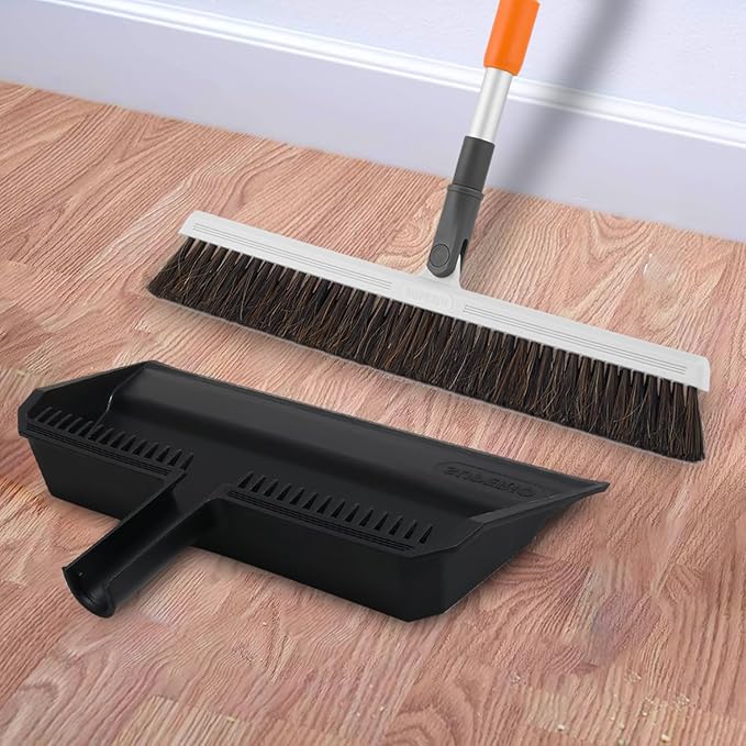 Superio 18 Horse Hair Upright Broom with Telescopic Handle &amp 16 Black Dustpan with Comb Rubber Lip &amp Clip – Narrow Thin Dust Broom for Dog Hair – Hardwood &amp Tile Floor Cleaning Set – Gr