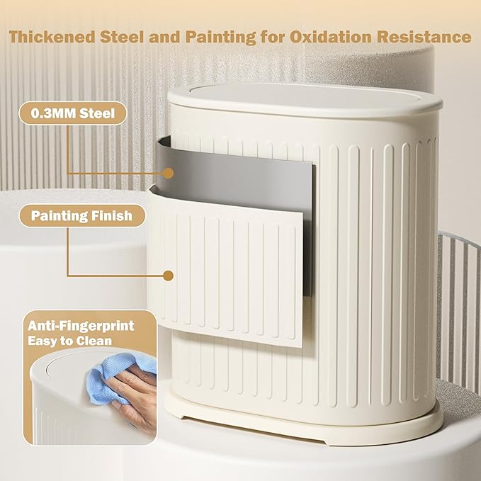 Steel Small Bathroom Trash Can with Lid Press Top 9L/2.4 Gallon Dog Proof Wastebasket with Removable Liner BucketSlim Bathroom Garbage Can Bin Under Desk/Sink BedroomLiving RoomOfficeDiaper