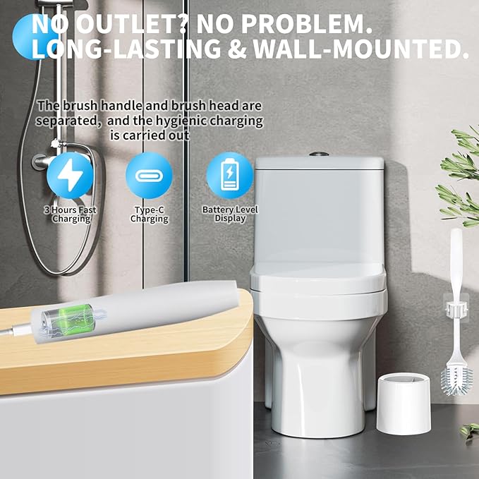 Electric Toilet Brush with Holder Ultra Quiet &amp Powerful Scrubbing IPX7 Waterproof Self-Cleaning Brush for Toilet/Bathtub/Grout Cordless Spin Scrubber with 320RPM Turbo Power - White