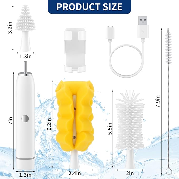 Electric Baby Bottle Brush Set with Rechargeable Electric Bottle Brush Cleaner and Silicone Bottle Brushes and Straw Brush CleanerWaterproof Travel Bottle BrushMagnetic Suction Charging 1800mAh