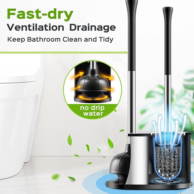 HAMITOR Toilet Plunger and Brush Set: Bathroom Powerful Cleaning Round Bristle Brush - Stainless Steel Heavy Duty Unclogging and Bowl Cleaner Combo - Compact Home Apartment Restroom Decor Accessories