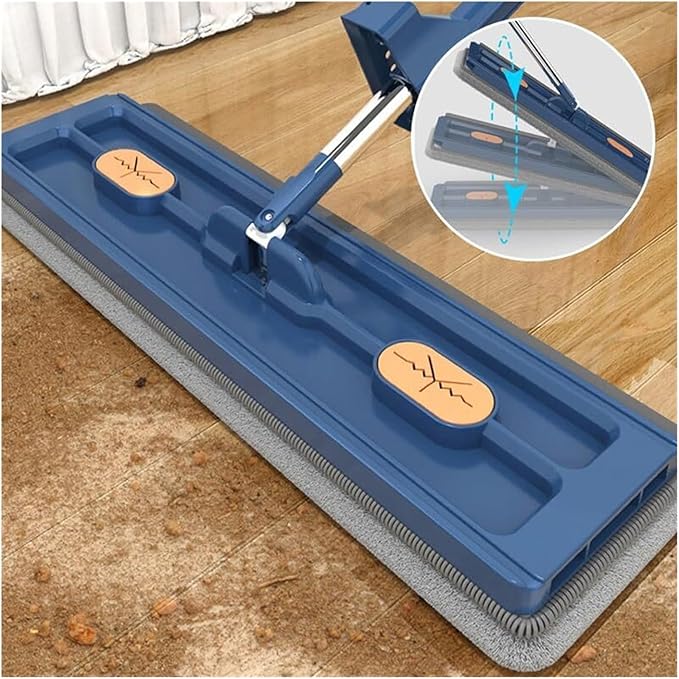 Flat Mop with 4 Reusable Microfiber Pads Adjustable 130cm Handle 360° Swivel Head for Hardwood and Tile Floors (42x12cm Ivory/Blue)(Deep sea Blue)