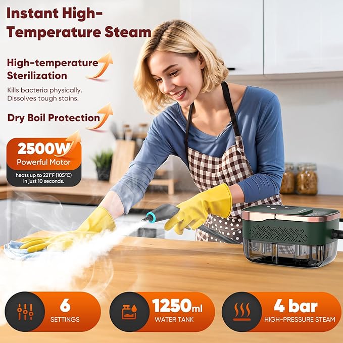 Steam Cleaner 2500W Home Handheld Grout Steam Cleaning Machine with 1.32QT Transparent Tank &amp 10 Attachments for Range Hood Stove Tile Upholstery Car Detailing &amp More (Green/Gold)