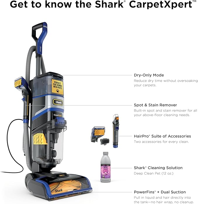 Shark CarpetXpert HairPro | Upright Carpet Area Rug &amp Upholstery Cleaner | Carpet Shampooer | Handheld Spot &amp Stain Eliminator | Pet Hair Pickup &amp Odor Removal | 2 Cleaning Tools | Cobalt