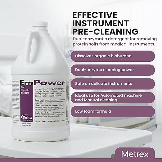 EmPower Dual-Enzymatic Detergent – Enzyme Cleaner for Medical Equipment &amp Surgical Tools Low-Foaming Enzymatic Pre-Cleaner with Protease Amylase &amp Lipase – Safe for Metal Plastic &amp Glas