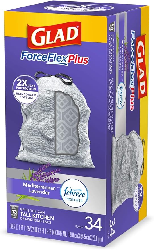Glad Trash Bags ForceFlexPlus Tall Garbage Drawstring Garbage Bags - 13 Gallon Grey Trash Bag Lavender with Febreze Freshness 34 Count (Package May Vary)