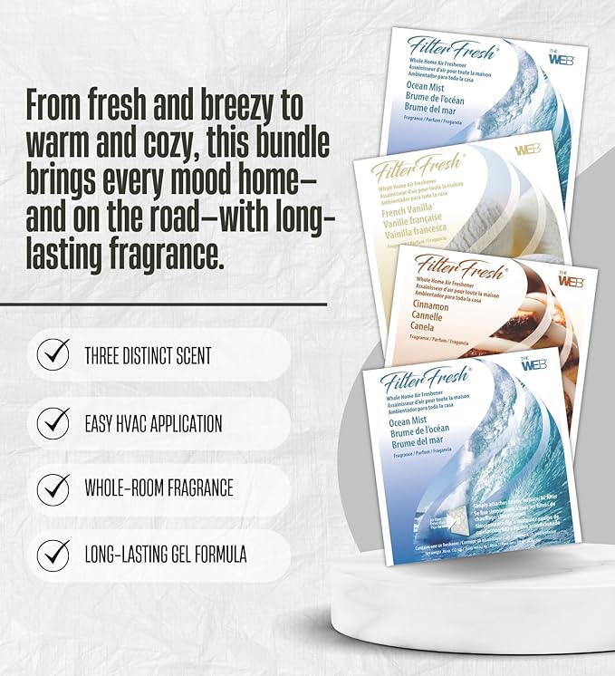 2x Web FilterFresh Ocean Mist French Vanilla and Cinnamon Air Fresheners 0.8 oz Gel Bundle with Car Air Freshener – HVAC Filter Scent Pads for Home and Vehicle Use – Gift Set (5 Items)