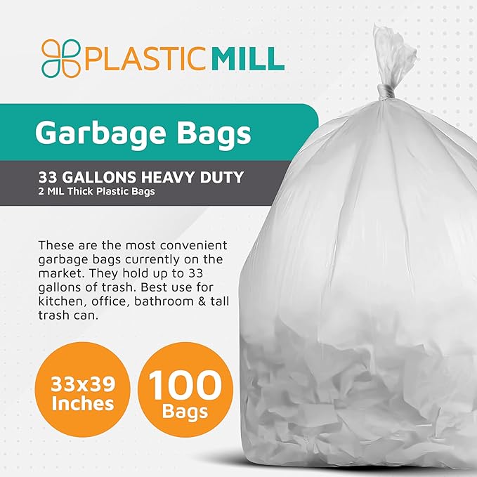 PlasticMill Heavy Duty Trash Bags - Clear Garbage Bags - Plastic Trash Bags - Tall Trash Bags Trash Can Liners - 33-Gallon Large Kitchen Trash Bags 2 Mil 33x39 (100-Count)