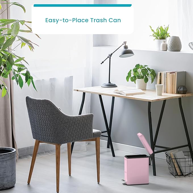 Home Zone Living 1.3 Gallon Small Bathroom Trash Can with Lid and Step Pedal Stainless Steel Wastebasket with Slim Design for Home and Office Matte Pink 5 Liters
