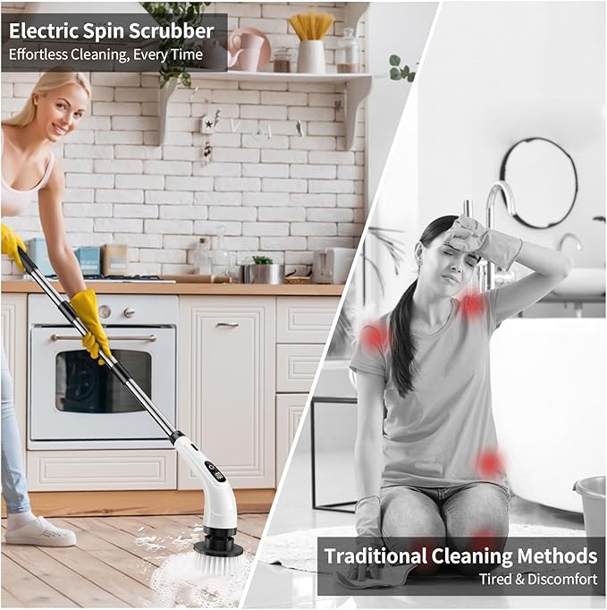 GOXAWEE Electric Spin Scrubber Cordless Cleaning Brush with 8 Replaceable Brush Heads Power Shower Scrubber with Long Handle for Bathroom Tub Tile Floor (White)