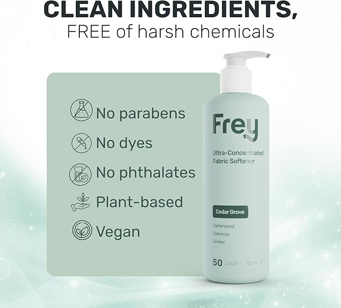 FREY Natural Liquid Fabric Softener &amp Conditioner | Laundry Softener for Clothing | Works In All Machines + HE | Powered by Natural Ingredients (2-pack Cedar Grove)