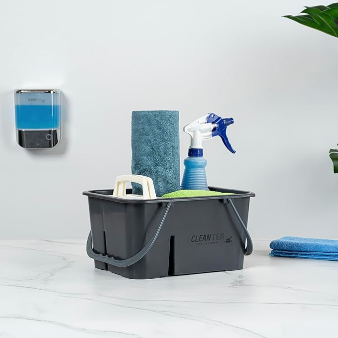 Restaurantware-Clean Tek Professional Cleaning Caddy 1 Cleaning Supply Caddy With Handle - 4 Compartment Multipurpose Gray Plastic All-Purpose For Bathroom Bedroom Kitchen Or Garden