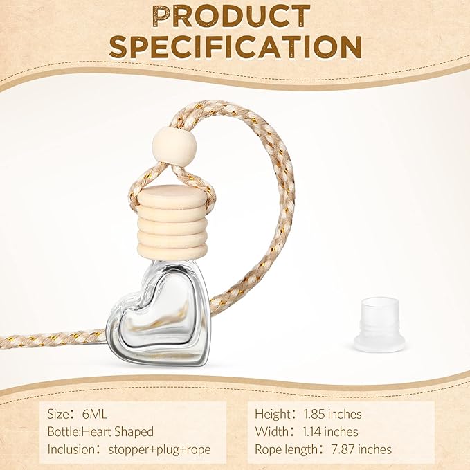 50 Pcs 6ml Hanging Car Air Diffuser Bottle Empty Glass Perfume Air Freshener Heart Love Bottle Diffuser Pendant Valentine's Day Essential Oil Fragrance Aromatherapy Ornament (Clear)