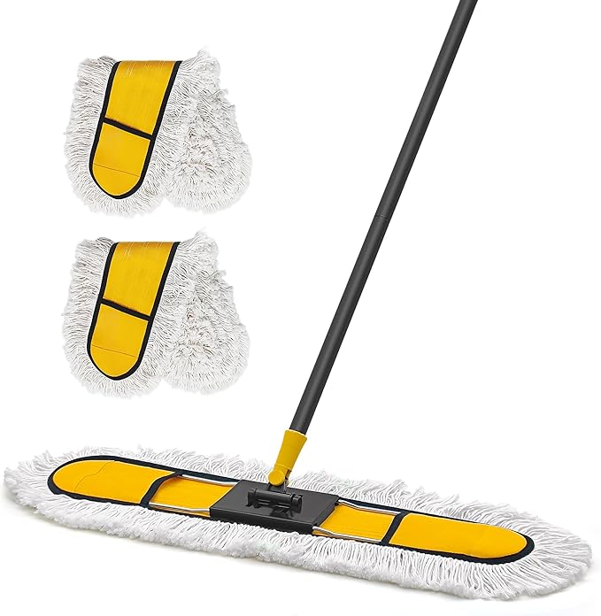NEWE 24” Commercial Dust Mop Large Dry Dust Push Broom Indoor Wide Floor Duster for Laminate Hardwood Tile Marble (Yellow)