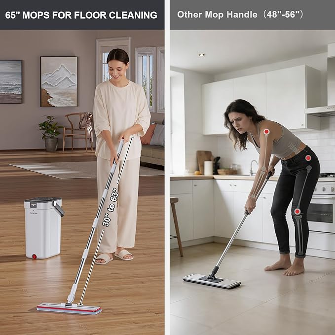 Mop and Bucket Set Flat Mop and Bucket System with Separate Dirty and Clean Water 3-Compartment Wall Cleaner Mop Flat Mops for Floor Cleaning with 4 Microfiber Pads
