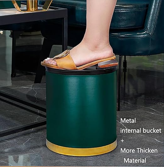 Elegant Leather Trash Can Decorative Metal Wastebasket with Removable Stainless Steel Ring - Open Top Garbage Bin for Office Bedroom Hotel (Morandi Green 10L)
