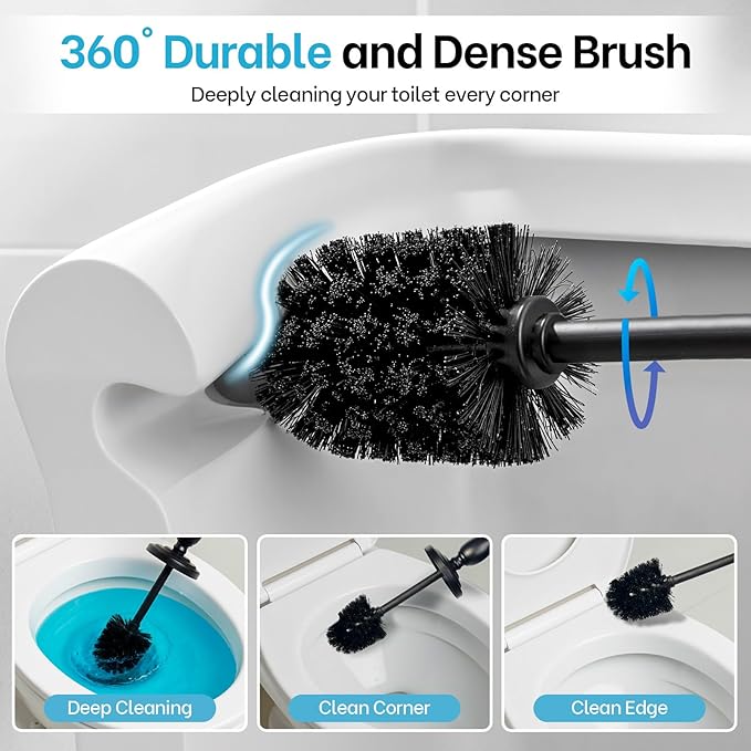 Matt Black Toilet Brush and Holder Set Toilet Bowl Brush with Heavy Duty Wide BaseDeep Cleaning Modern Bathroom Cleaner Brush -Space Saving