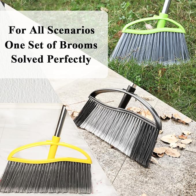 3 Pack Wide Heavy Duty Angle Broom - Stiff Bristle Outdoor Brooms for Sweeping Patio Garden Garage Yard (Black Yellow Green)