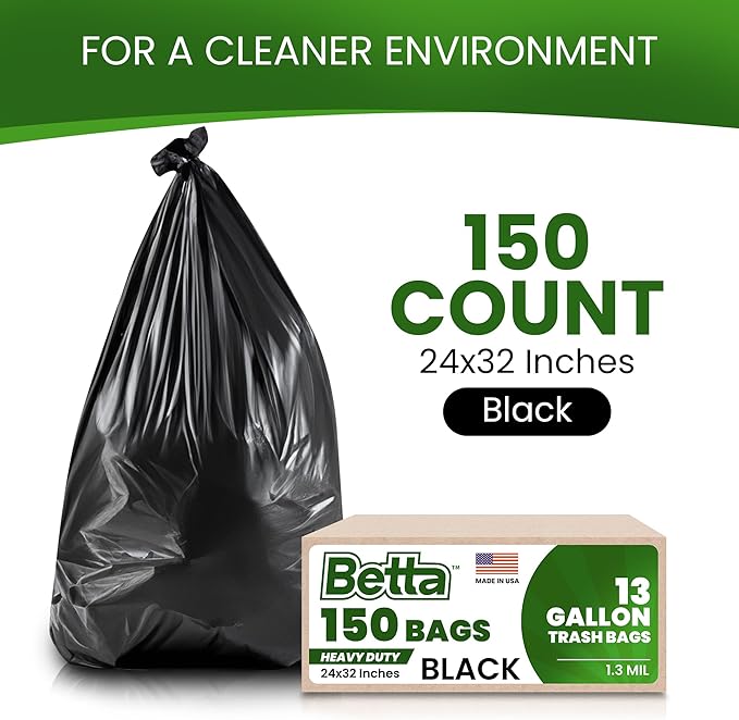 Betta 13 Gallon Black Trash Bags 150 Count Box (24x32-inch) Commercial Heavy-Duty Garbage Can Liners for 10-13 Gallon Round Cans 8-12 Gallon Slim and Square Cans