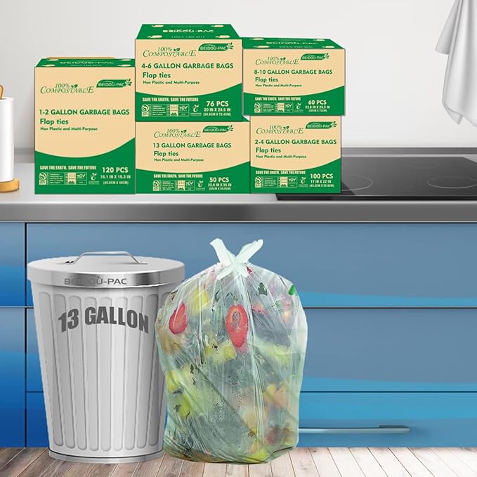 13 Gallon Flap Tie Compostable Trash Bags 200 Count Compost Bags Tall Kitchen Trash Bags Sturdy Biodegradable Garbage Bags Food Scrap Waste Bags ASTM D6400 US BPI Certified Green